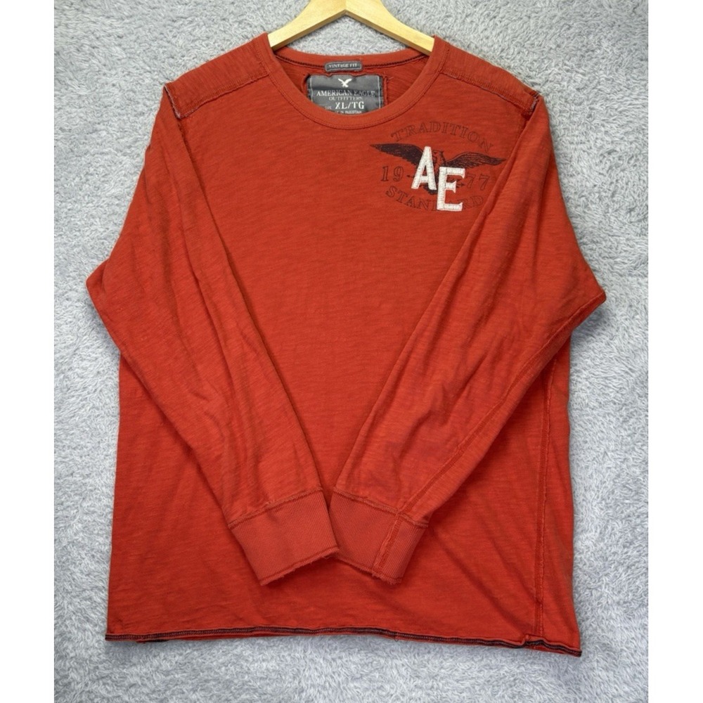Y2K American Eagle Outfitters Mens‎ XL Long Sleeve Shirt Orange Distressed - Picture 2 of 10